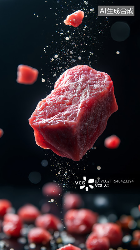 【AI数字艺术】从空中落下的新鲜的澳洲生牛肉块和调味品创意插画背景图片素材