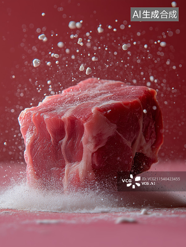 【AI数字艺术】从空中落下的新鲜的澳洲生牛肉块和调味品创意插画背景图片素材