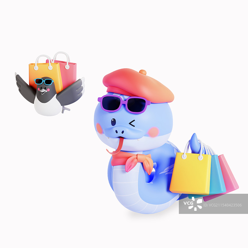 一条蛇和一只喜鹊一起去购物旅行图片素材