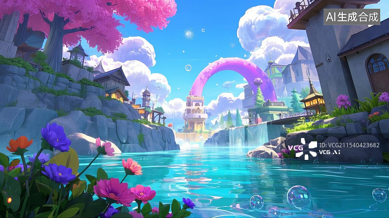 【AI数字艺术】春天里美丽的水上风光，游戏场景图片素材
