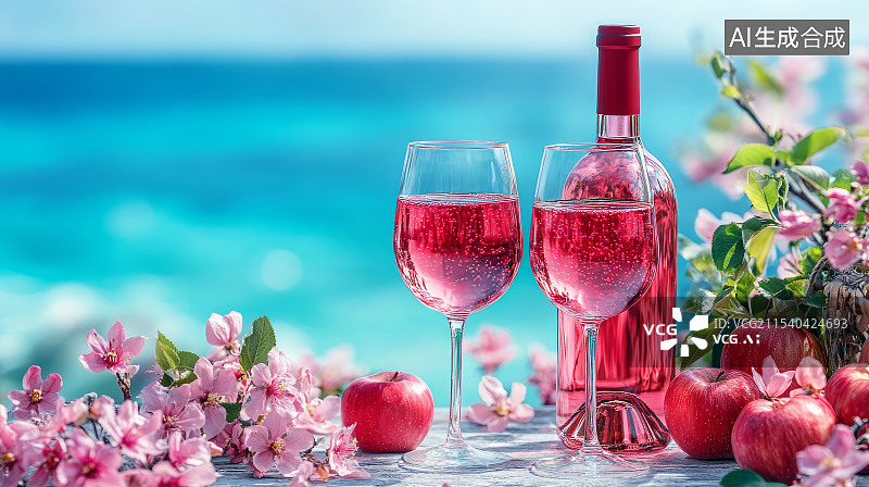 【AI数字艺术】浪漫海景与红葡萄酒图片素材