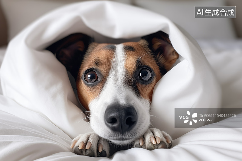 【AI数字艺术】躲在床上的狗图片素材