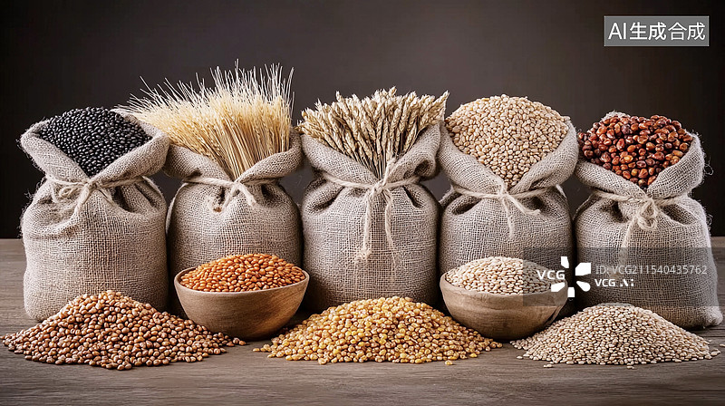 【AI数字艺术】五谷丰登麻袋里的粮食农作物种子图片素材