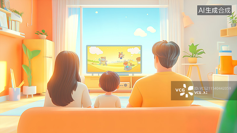 【AI数字艺术】温馨家庭动画观影时光图片素材