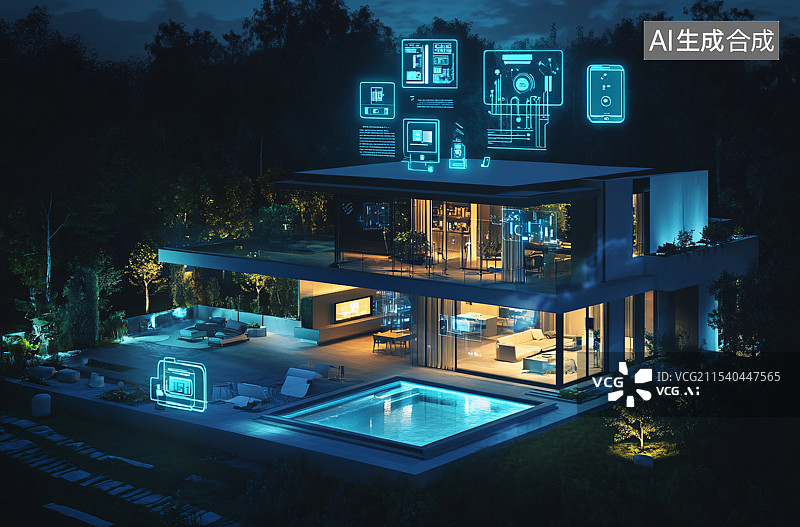 【AI数字艺术】夜晚的未来感别墅，闪烁的全息影像，配备先进的智能家居技术和物联网整合，打造创新且互联的生活体验。图片素材