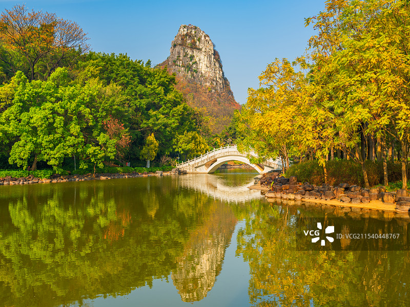 广西柳州马鹿山公园宁静的湖面与白色的石拱桥、马鹿山、绿色树形成的镜面反射倒影风光图片素材