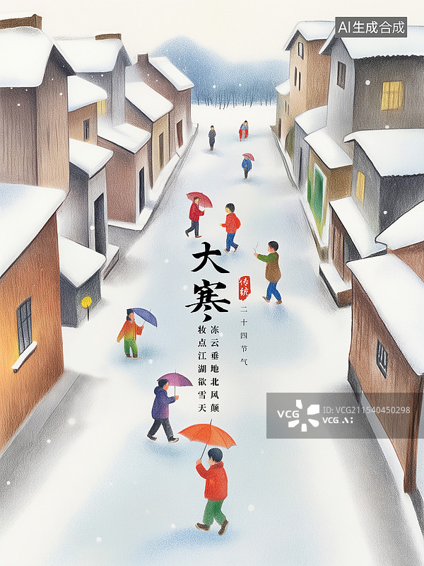 【AI数字艺术】大雪背景下小镇居民过春节，节日节气插画海报模版，大寒，新年热闹氛围，新年的村庄 竖版图片素材