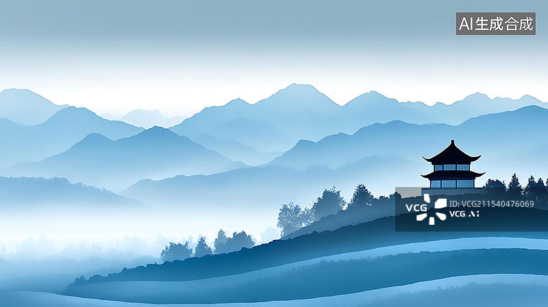 【AI数字艺术】水墨青蓝山水亭阁图图片素材