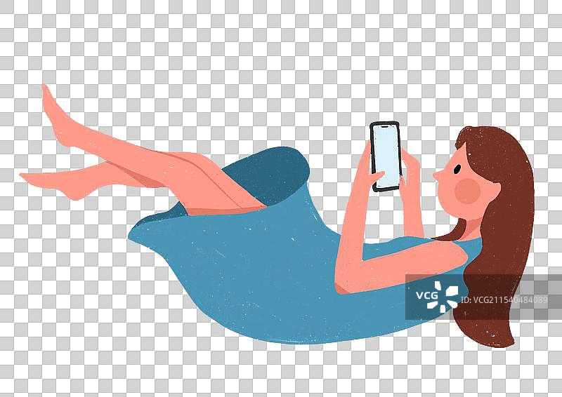 躺着玩手机的女孩卡通插画元素图片素材