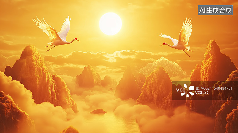 【AI数字艺术】两只丹顶鹤在金色的夕阳下图片素材