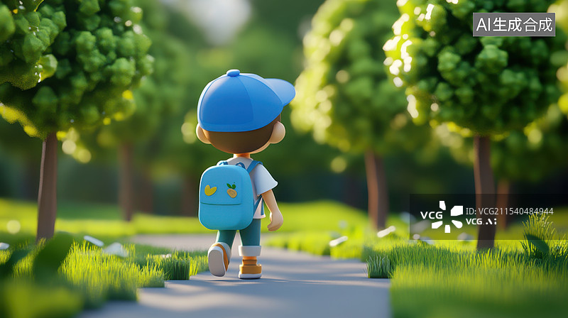 【AI数字艺术】儿童背着书包上学卡通场景图片素材