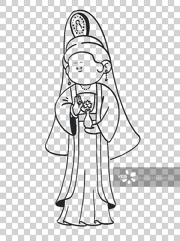 可爱手绘西游记观音菩萨黑白线描插画元素图片素材