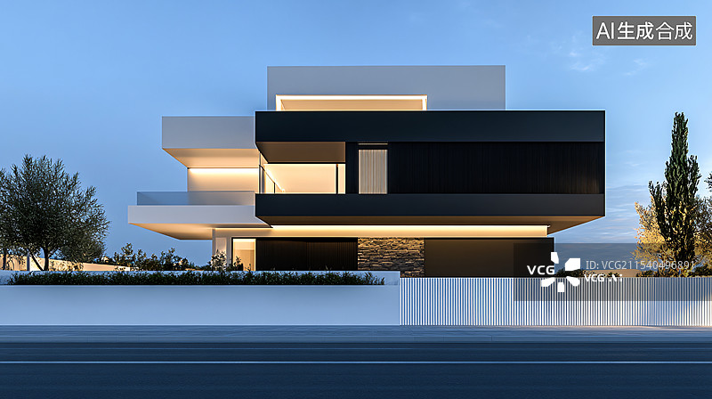 【AI数字艺术】现代简约风格别墅，汽车广告背景图图片素材
