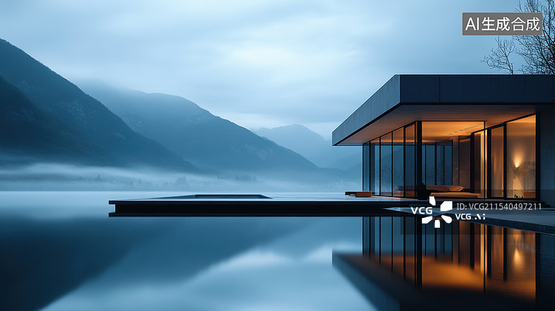 【AI数字艺术】湖边民宿建筑夜景图片素材