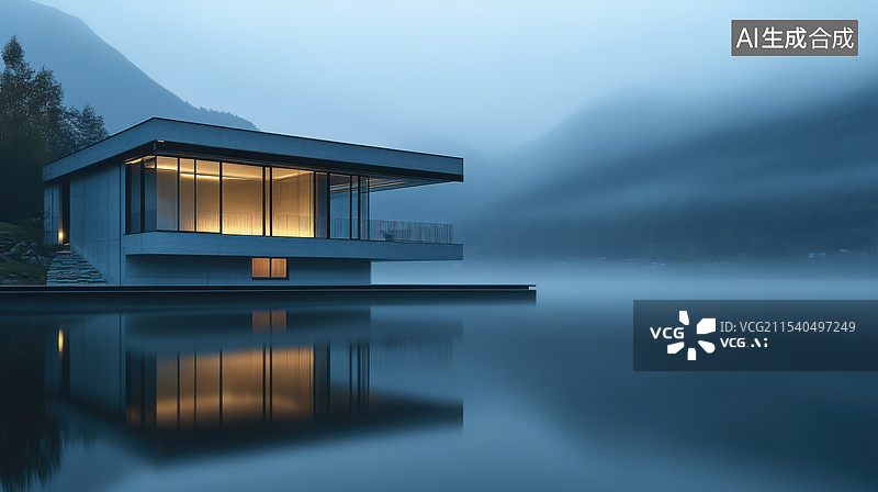 【AI数字艺术】湖边民宿建筑夜景图片素材