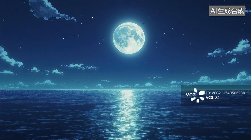【AI数字艺术】海洋夜景满月月亮图片素材