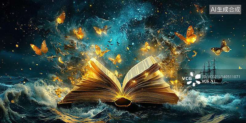 【AI数字艺术】智慧之光一本古籍散发金光发光蝴蝶穿越星辰大海远航船只破浪前行世界读书日海报封面背景知识照亮成功道路图片素材