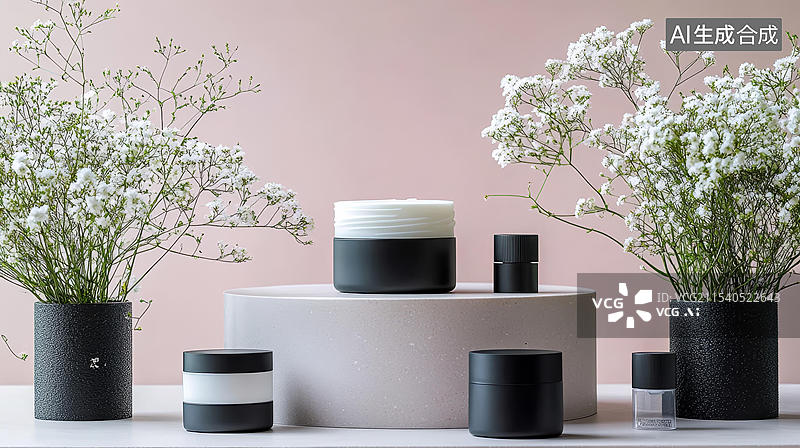 【AI数字艺术】现代化妆品包装与白色花卉陈列图片素材