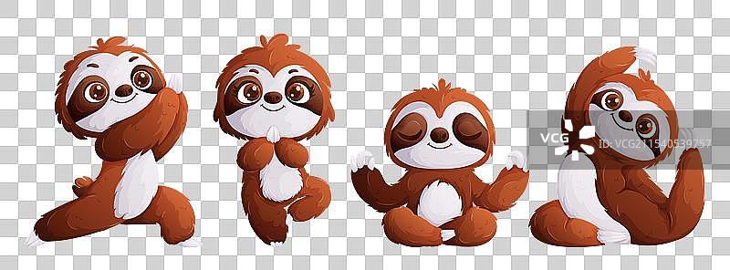 一组四只树懒在不同姿势下做瑜伽图片素材