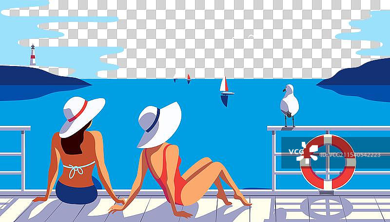两名女性在码头上享受海边风景图片素材