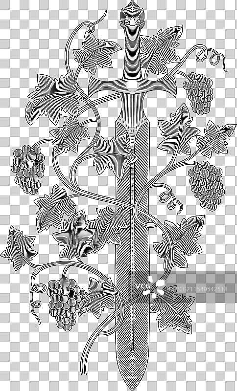 古董剑与葡萄树和水果的复古风格图片素材