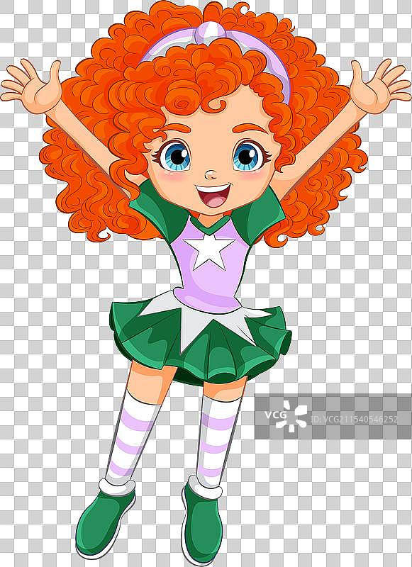 快乐的年轻女孩庆祝，卷曲的红发。图片素材