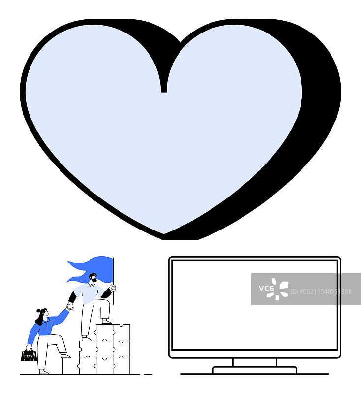 心形图案与团队合作攀爬楼梯和空白电视图片素材