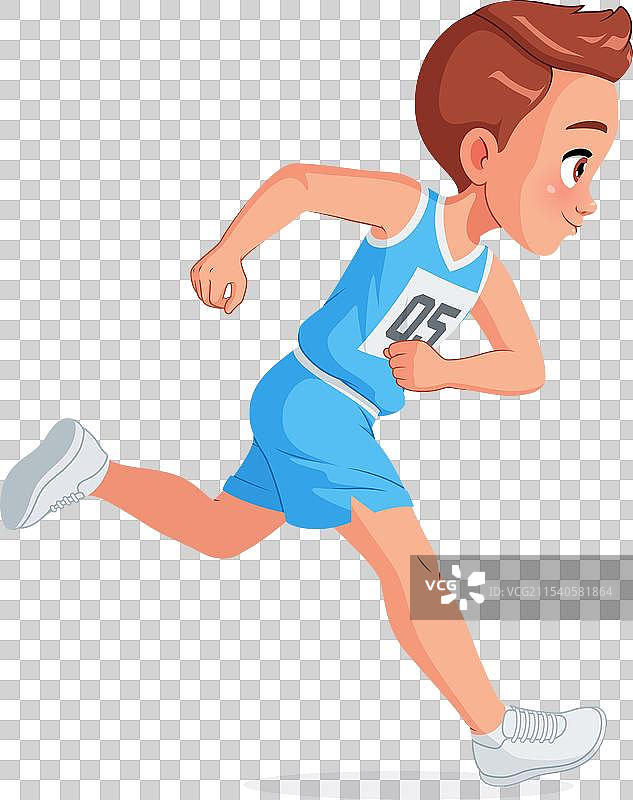 可爱的小男孩在田径场上奔跑，背景干净简洁。图片素材