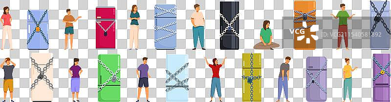 锁住的冰箱图标集，卡通风格，带链条图片素材