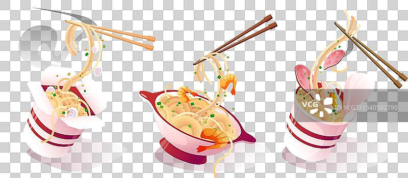 热汤面配料、筷子和蒸汽图片素材