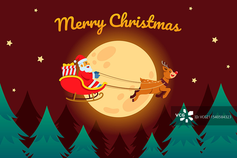 圣诞老人经过满月的夜晚图片素材