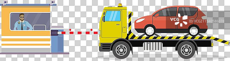 拖车上有一辆红色汽车，旁边是警卫室图片素材