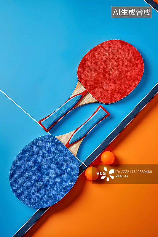 【AI数字艺术】蓝色乒乓球桌上的乒乓球拍与球图片素材