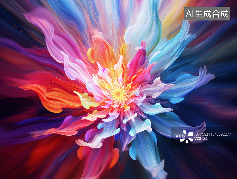 【AI数字艺术】绚丽多彩的能量绽放，光影交织的梦幻花朵图片素材