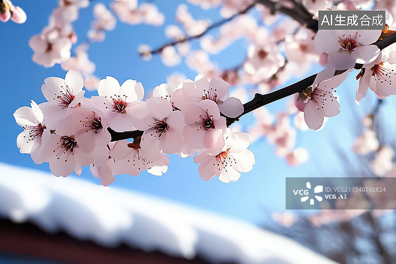 【AI数字艺术】白雪覆盖着盛开的桃花樱花图片素材
