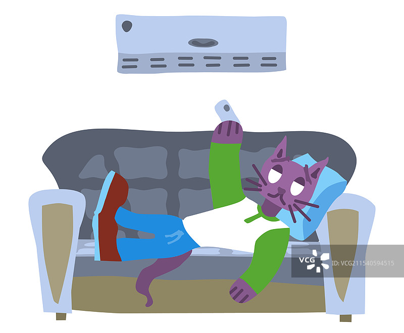 紫色猫咪躺在空调下的沙发上休息图片素材