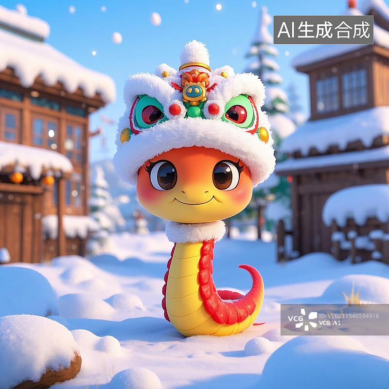 【AI数字艺术】3D卡通风格头戴醒狮帽十二生肖蛇图片素材
