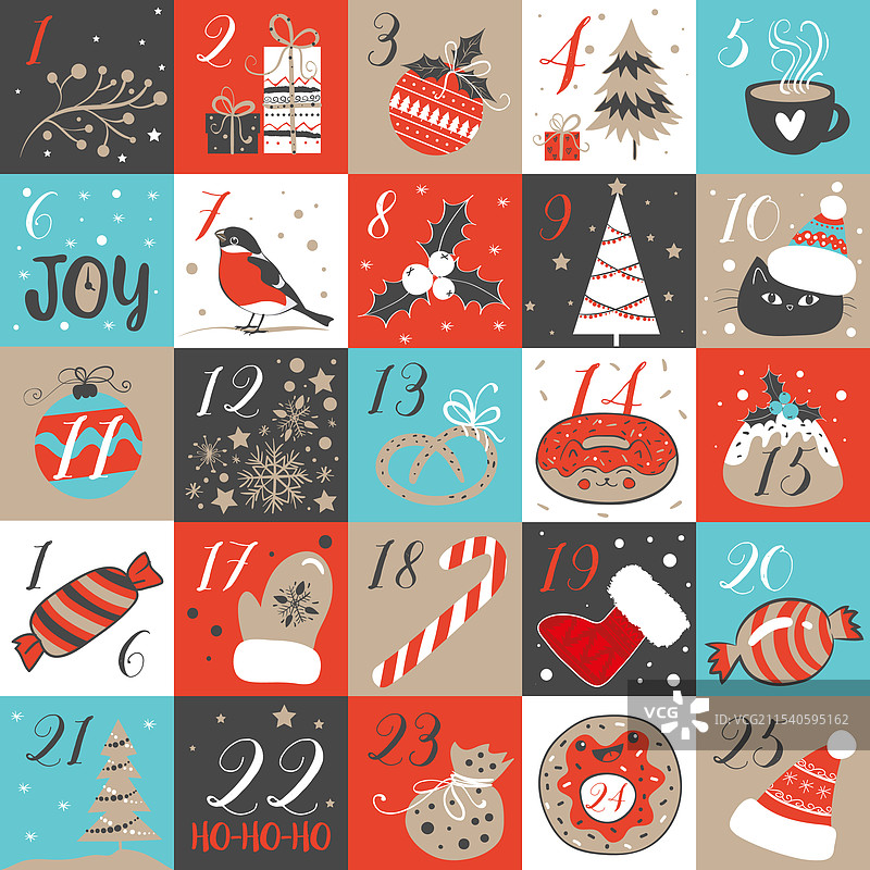 可爱的圣诞倒计时日历设计，色彩缤纷图片素材