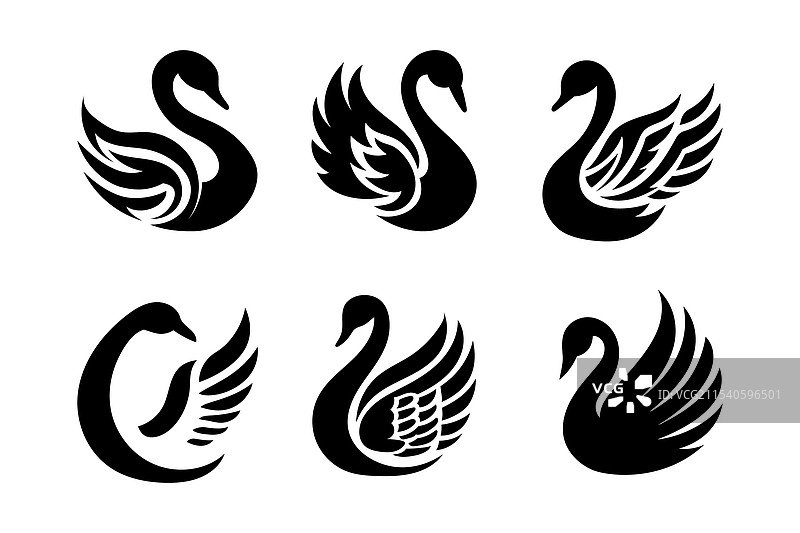 六个带翅膀的风格化黑天鹅剪影图片素材