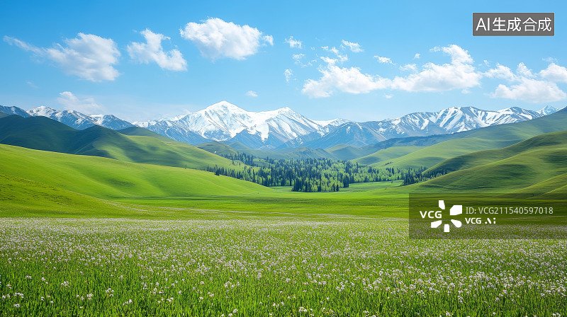 【AI数字艺术】春天，夏天雪山草原场景图片素材