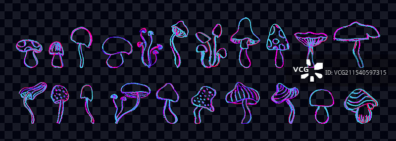 一组奇幻蘑菇的线条艺术，幽默的花卉设计图片素材