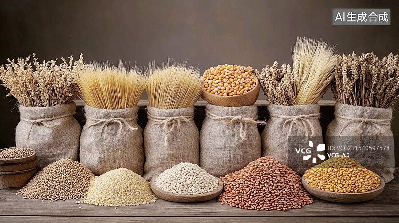 【AI数字艺术】五谷丰登麻袋里的粮食农作物种子图片素材
