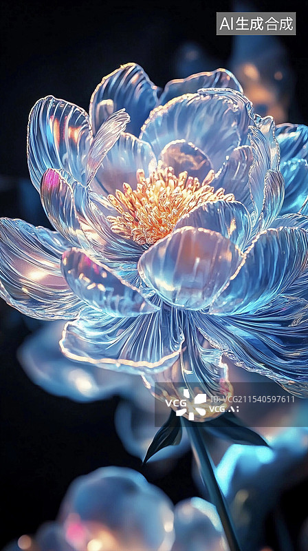 【AI数字艺术】水晶科技透明花瓣盛开的牡丹花图片素材