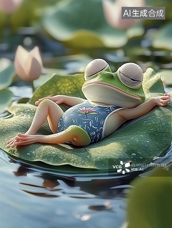 【AI数字艺术】卡通3D夏天荷叶上惬意睡觉的青蛙图片素材