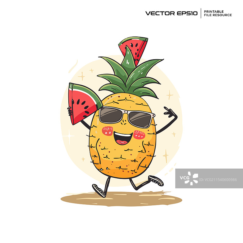快乐的菠萝和西瓜角色吉祥物图片素材