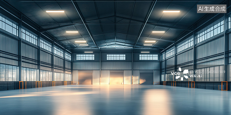 【AI数字艺术】阳光下现代宽敞明亮的工厂仓库室内空间图片素材