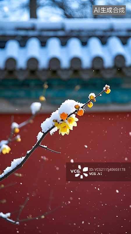 【AI数字艺术】大雪梅花与中国古建筑图片素材
