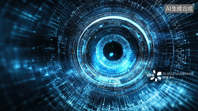 【AI数字艺术】未来派赛博朋克监控之眼有发光互联网摄像头数字时代的高科技安全背景图片素材