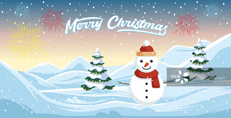 一个快乐的雪人在雪白的景色中矗立。图片素材