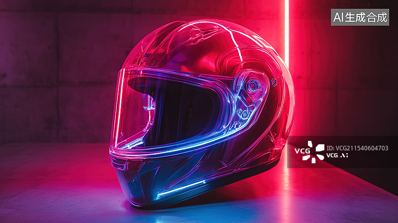 【AI数字艺术】赛博朋克未来派发光透明防弹头盔高科技安保设备执法和军事先进防护装备背景图片素材